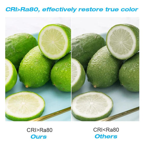 Comparison of lime appearance under CRI>Ra80 lighting vs CRI<Ra80 lighting, showcasing true color restoration with our lighting.