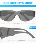 Clear ANSI Z87.1 Safety Glasses For Work, Lab, And Construction, side and front view, unisex fit with size dimensions, 100 pack.