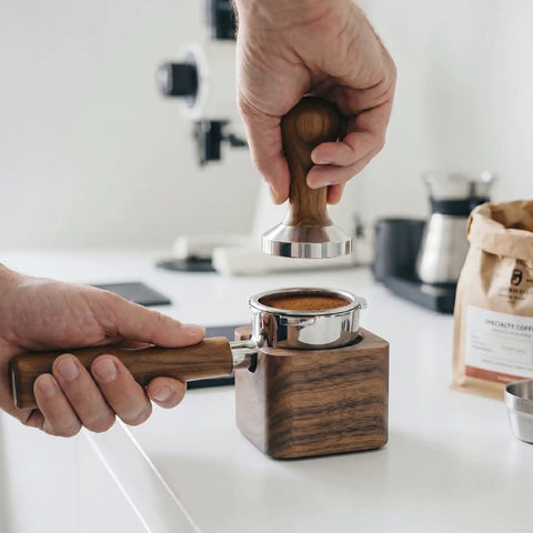 51mm Portafilter With Two Spouts For Gevi Casabrews CM5418 3700 Series And Mr Coffee Espresso And Cappuccino Machines in use, wooden handle