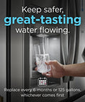 Frigidaire FPPWFU01 PurePour PWF-1 water filter; glass fills from stainless refrigerator dispenser.