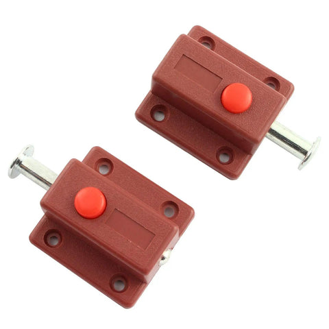 Heavy Duty Spring Loaded Press Button Bolt 6 Pack With Slick Sliding Barrel Lock Kickass Security Latch For Shed Door Cabinet Easy No Sweat Surface Mount Assembly Premium Abs Plastic Hardware - close-up of two red latches