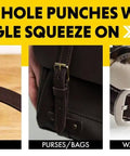 Beefy Revolving Punch Pliers Set With Six Hole Sizes for belts, purses, and watch straps on wooden surface