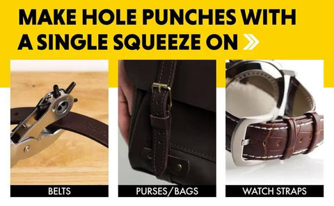 Beefy Revolving Punch Pliers Set With Six Hole Sizes for belts, purses, and watch straps on wooden surface