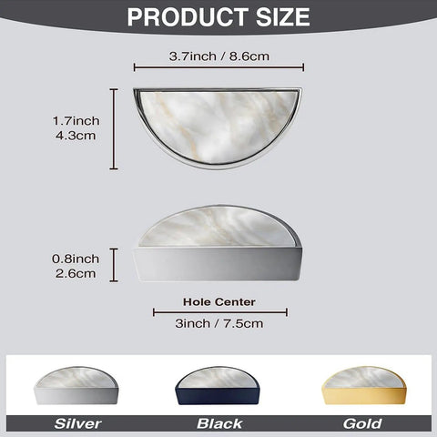Pearl Cloud Quartz Cabinet Pulls 2 Pack, Brushed Nickel Semicircle Drawer Handles, 3 Inch Hole Center, product size diagram