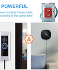 Doorbell Transformer 24V 40VA For Ring Doorbell, UL Listed Wired Kit next to a smart thermostat showing compatibility for power supply.