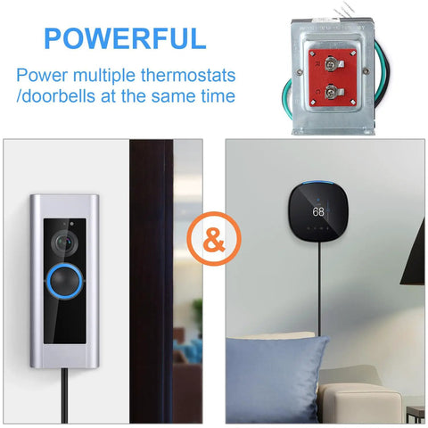 Doorbell Transformer 24V 40VA For Ring Doorbell, UL Listed Wired Kit next to a smart thermostat showing compatibility for power supply.