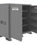 Built Tough Welded Steel Job Site Cabinet, Outdoor Tool Storage Locker With Three Point Lock, forklift ready base and shelves inside.