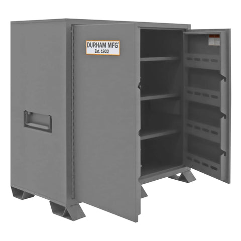 Built Tough Welded Steel Job Site Cabinet, Outdoor Tool Storage Locker With Three Point Lock, forklift ready base and shelves inside.