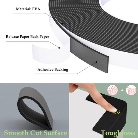 Heavy Duty Black Weather Stripping Door Seal With Super Strong Self Adhesive High Density Foam Tape For Windows And Doors Tight Soundproof Gap Filler Roll shown with smooth cut surface and adhesive backing.