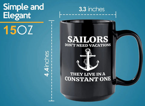 15oz Black Sailor Coffee Mug For Boaters And Boat Captains, Funny Lake Gift That Says Sailors Dont Need Sleep, Durable Glass Cup