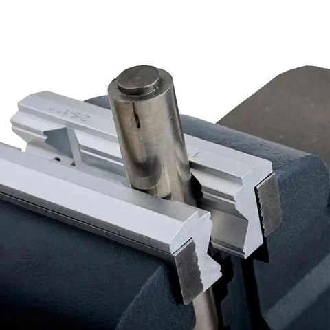 V Type CNC Milling Vise Hard Jaws Set For Aluminum Alloy V Clip Fixtures 1 Pair Replacement Fit For 4, 5, 6 And 8 Inch Vises 5 Inch Jaw Size Included, silver V-jaws clamping a cylindrical part in a CNC vise