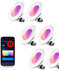 6 Inch Smart Recessed Lighting Kit with 1200 Lumen 90+ CRI RGBCW Multicolor Downlights, E26 Base, app control display.