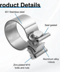 Adjustable Stainless Steel Exhaust Clamp 1.38 To 1.73 Inch Narrow Band Butt Joint Seal for Pipes and Mufflers with detailed material breakdown.