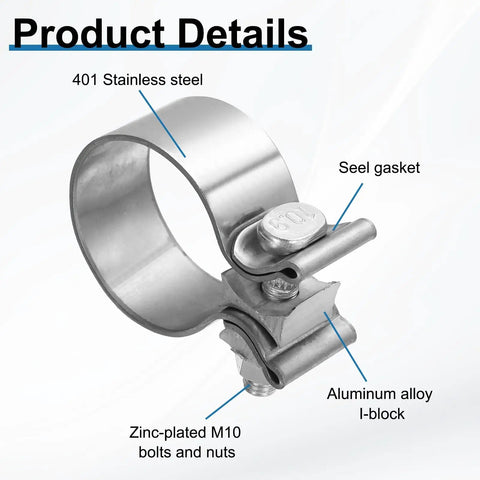 Adjustable Stainless Steel Exhaust Clamp 1.38 To 1.73 Inch Narrow Band Butt Joint Seal for Pipes and Mufflers with detailed material breakdown.