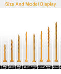 Size and model display of tan epoxy deck screws, including Tan Epoxy Deck Screws 1-1/2 Inch #8 200 Pack Rust Resistant Outdoor Timber Fasteners.
