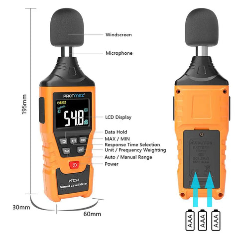 Front and back view of Digital Sound Level Meter With Temperature And Humidity Readouts 30 To 130 DB A Weighted Max Min Data Hold Large