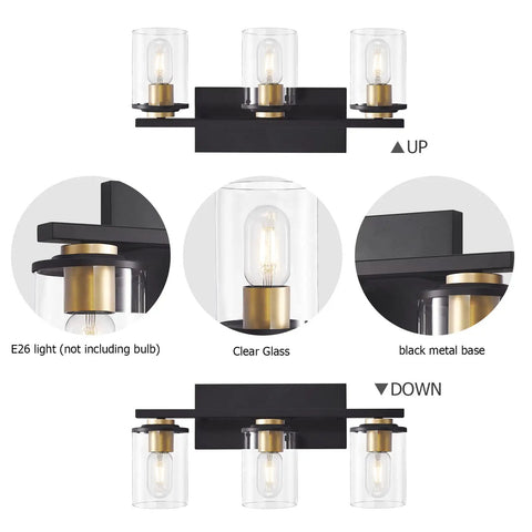 3-Light Black And Gold Bathroom Vanity Lights With Glass Cylinder Sconces For Wall Mounted Bathroom Lighting details