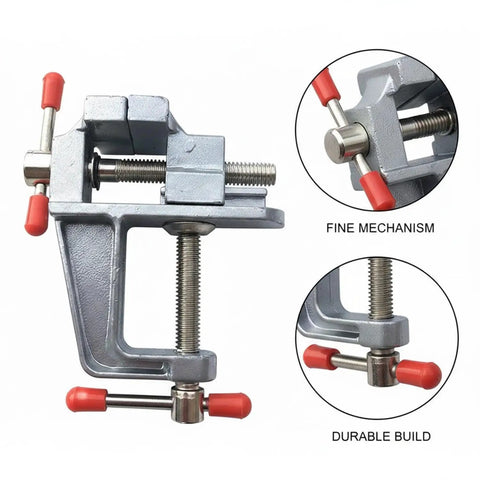 Compact Aluminum Bench Vise Clamp For Small Parts Portable Desktop Holding Tool For Precise Drilling And Filing Keeps Tiny Components Steady And Hands Free With A Sturdy Tightening Mechanism For A Secure Grip And Smooth DIY Assembly 1 Pack side view with fine mechanism