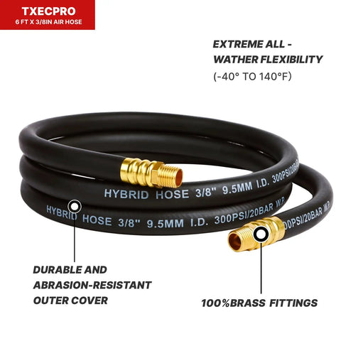 Ready To Roll 2 Pack Air Compressor Whip Hose 3/8 Inch By 6 Feet Lead In Tube with brass fittings and kink resistant design.