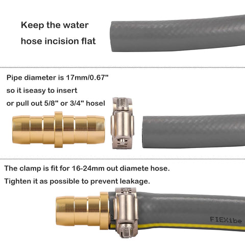 Two Pack Garden Hose Repair Kit With Stainless Clamp For Three Quarter To Five Eighth Inch Hoses Aluminum Durable Construction Quick And Easy Install Leak Free Connection For Standard Hoses, showing aluminum connector, stainless clamp, and hose setup instructions.
