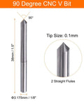 Front view and tip close-up of HARFINGTON 90-degree CNC V-bit, 1/8 in shank, 0.1 mm carbide tip, two straight flutes
