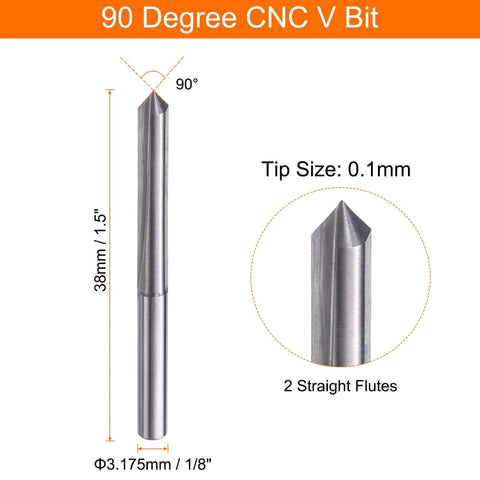 Front view and tip close-up of HARFINGTON 90-degree CNC V-bit, 1/8 in shank, 0.1 mm carbide tip, two straight flutes