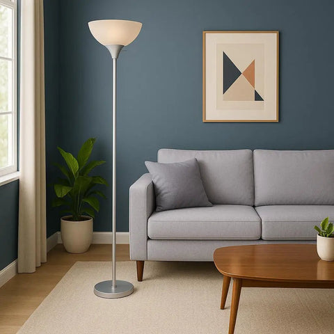 Dope Silver Torchiere Floor Lamp With White Opal Shade Modern Standing Fixture In Living Room Next To Sofa