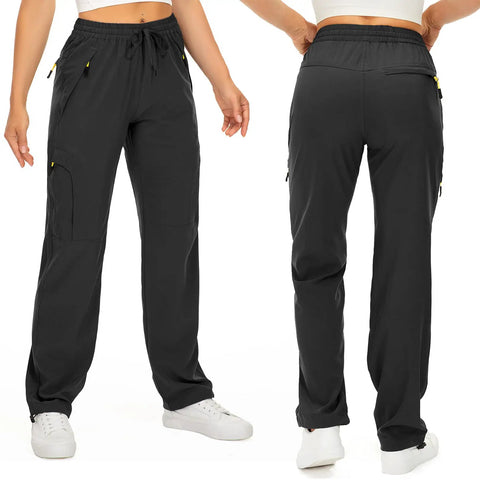 Women's Hiking Cargo Pants With Quick Dry Fabric And UPF 50 Protection shown front and back, showcasing deep pockets and stretch material.