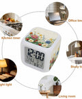 Fresh Spring Flower Printed Cube Digital Desk Clock Running Completely Silent With Sleek Date And Temp Screen in various room settings.