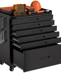 Heavy Duty Rolling Tool Chest With Six Full Extension Drawers And Whisper Quiet Tracks, Easy Glide Wheels Make Tackling Garage Grunt Work A Breeze, Rust Resistant Steel Organizer Built Tough For Real Jobs with tools on top.