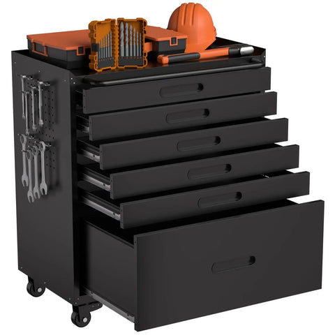 Heavy Duty Rolling Tool Chest With Six Full Extension Drawers And Whisper Quiet Tracks, Easy Glide Wheels Make Tackling Garage Grunt Work A Breeze, Rust Resistant Steel Organizer Built Tough For Real Jobs with tools on top.