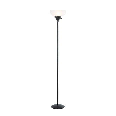 Modern Torchiere Floor Lamp In Black With White Frosted Shade, 70 Inch Tall Uplight, 150 Watt Incandescent, 3 Way Rotary Switch