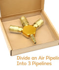 Three Way Air Hose Splitter With One Quarter Inch Fittings, Aluminum Copper Plated Manifold in open storage box.