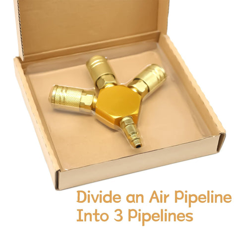 Three Way Air Hose Splitter With One Quarter Inch Fittings, Aluminum Copper Plated Manifold in open storage box.