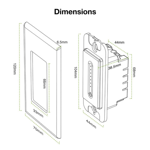 Diagram showing dimensions of Single Pole Smart Dimmer Switch With Neutral Wire Required 2.4GHz WiFi Works With Alexa Google Home.