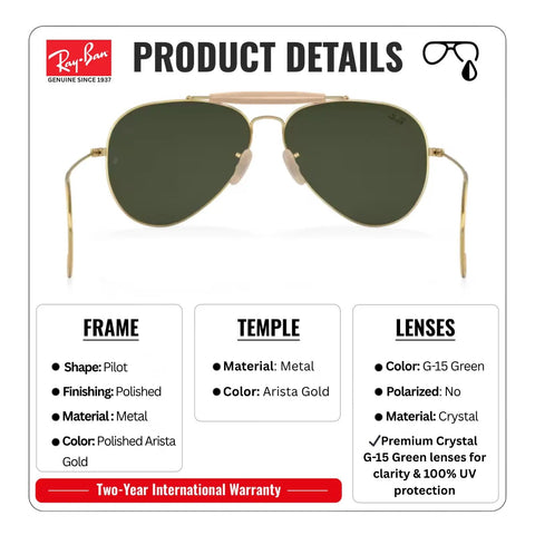 RB3030 Pilot Shape Non Polarized Shades For Men And Women With Green Lenses Unisex Eyewear Kit Included Perfect For Formal And Casual Wear