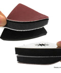80mm Triangular Sanding Pads 4 Pack Hook Loop Stainless Steel Multitool Discs showing black and red sanding surfaces with dust holes.