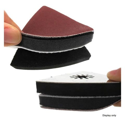 80mm Triangular Sanding Pads 4 Pack Hook Loop Stainless Steel Multitool Discs showing black and red sanding surfaces with dust holes.