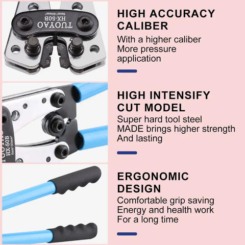 Beefy Heavy Duty Battery Cable Lug Crimping Tool With Rotating Dies For AWG Ten To One Zero, ergonomic handles and durability details.