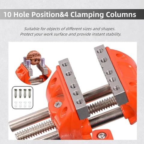 Shop Ready 3 Inch Heavy Duty Bench Vise With Rock Solid 360 Degree Ball Joint Tilt And Secure Clamp Mount For Garage Workshops Crafted From Durable Cast Steel Workshop Tools, showcasing 10 hole positions and clamping columns.