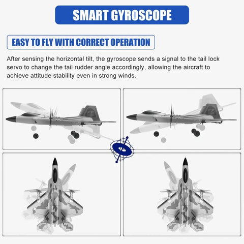 F22 Style 4 Channel RC Airplane With Xpilot Stabilization System diagram showing smart gyroscope and flight operation features