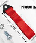 Heavy Duty Racing Tow Strap With Thick Nylon Towing Rope And Secure Hooks, Badass 2 Ton Pulling Power For Smooth Emergency Vehicle Recovery And Rear Bumper Mount In Vibrant Red with size details.