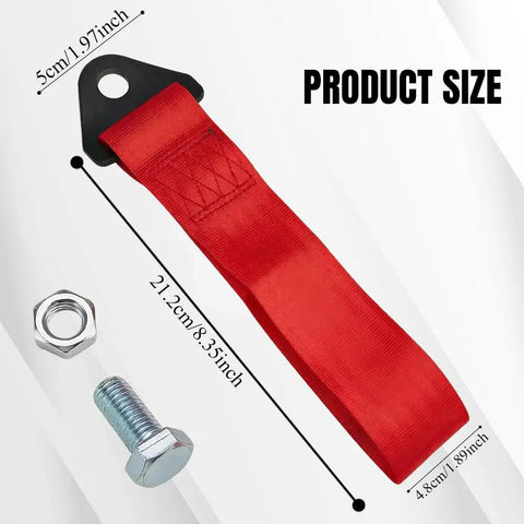 Heavy Duty Racing Tow Strap With Thick Nylon Towing Rope And Secure Hooks, Badass 2 Ton Pulling Power For Smooth Emergency Vehicle Recovery And Rear Bumper Mount In Vibrant Red with size details.