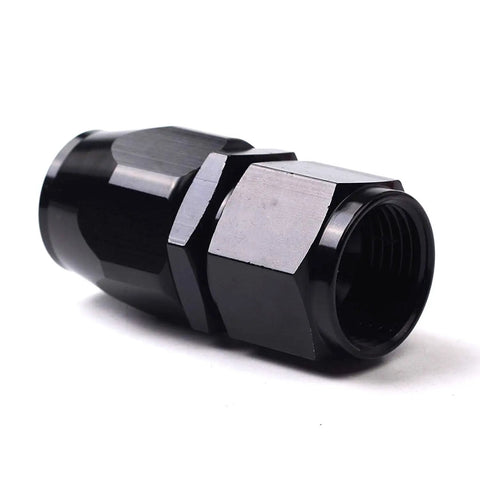 Close-up of a black rotary swivel end from 12AN 10Ft Universal Braided Stainless Steel Fuel Line Kit With Nylon CPE Hose And 6 Rotary Swivel Ends