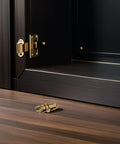 Kick Up Your Home Renovations With This Dang Absolutely Stunning Pair Vintage Brass Beetle Cabinet Drawer Pulls Perfect For Any Dresser Upgrade Or Quick Weekend Makeover on wood surface in front of black cabinet.