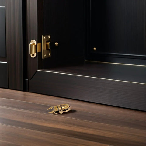 Kick Up Your Home Renovations With This Dang Absolutely Stunning Pair Vintage Brass Beetle Cabinet Drawer Pulls Perfect For Any Dresser Upgrade Or Quick Weekend Makeover on wood surface in front of black cabinet.