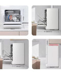 Compact Countertop Dishwasher Five Place Settings Fully Automatic Smart Air Dry showing dimensions and front view in small kitchen.