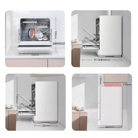 Compact Countertop Dishwasher Five Place Settings Fully Automatic Smart Air Dry showing dimensions and front view in small kitchen.