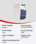 Bulletproof 240W Din Rail Power Supply 24V 10A, slim 63mm design for tight spaces, displaying model and specs.