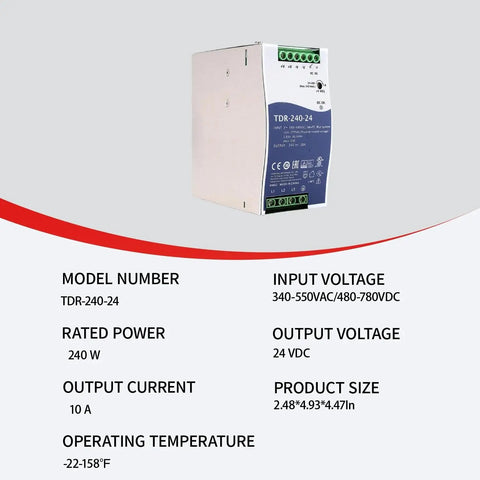 Bulletproof 240W Din Rail Power Supply 24V 10A, slim 63mm design for tight spaces, displaying model and specs.